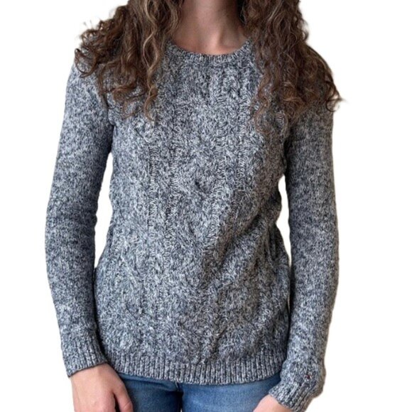 TOMMY HILFIGER Gray Navy Marled Fisherman Cable Knit Pullover Sweater Large - Picture 1 of 12